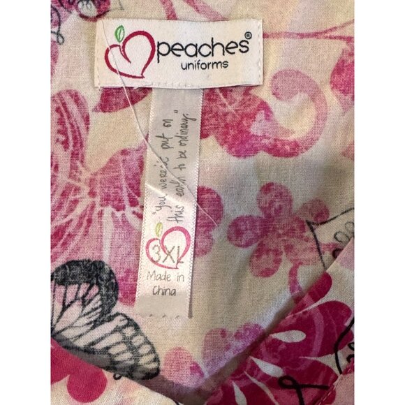 Peaches Uniforms Womens Floral Butterfly Print Scrub Top Short Sleeve V-Neck - Picture 2 of 6